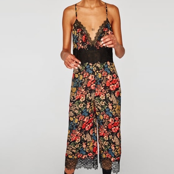 Zara Pants - NWT Zara Floral Lace Cropped Flowing Jumpsuit